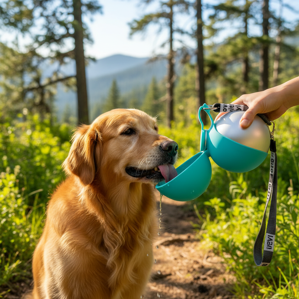 Dog drinking from Pet Water Bottle on a hike